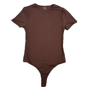 MANGOPop Brown Bodysuit Size XS Stretch Short Sleeve  Fitted Top NWT